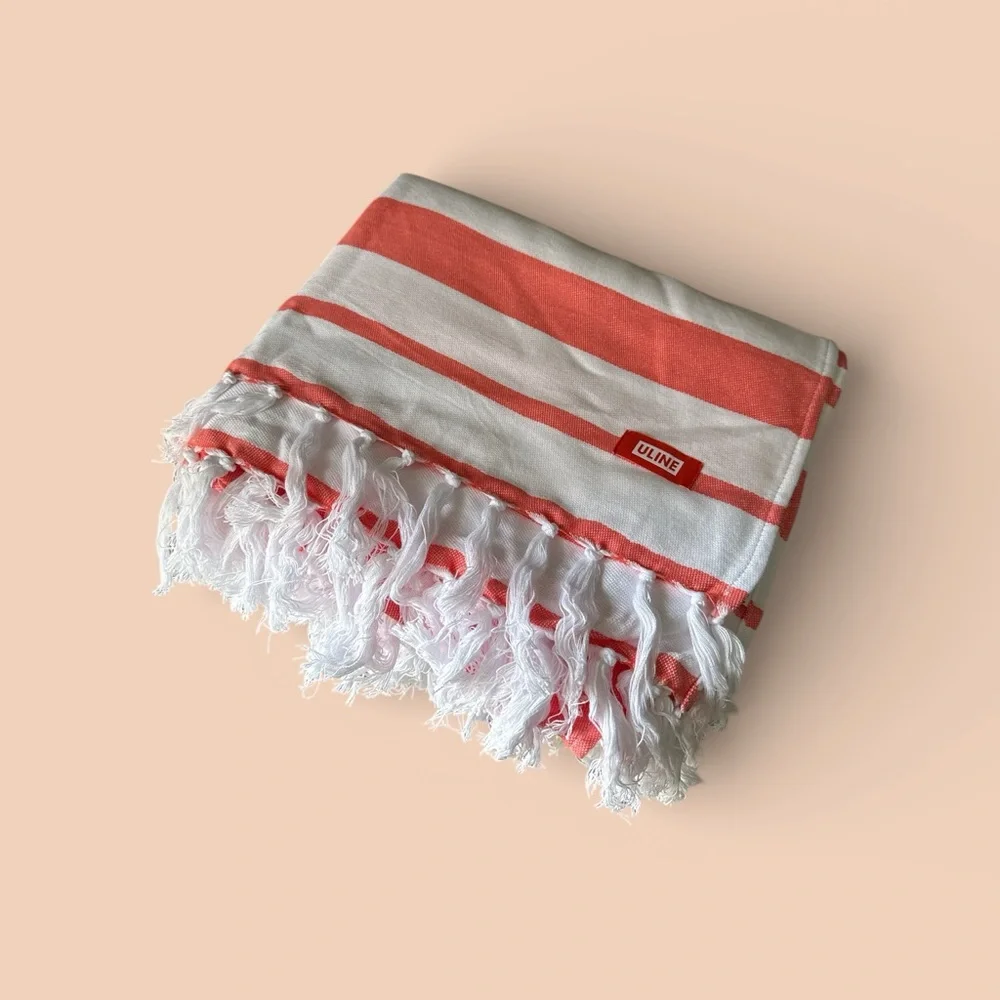 Turkish (2) Cotton XL 50x80 Towels Fringe Coral/White Striped Kanata Uline New